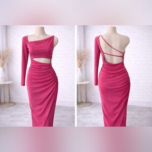 Zara Pink Asymmetrical One Shoulder Dress Open Back Ruched Bodycon Midi Small